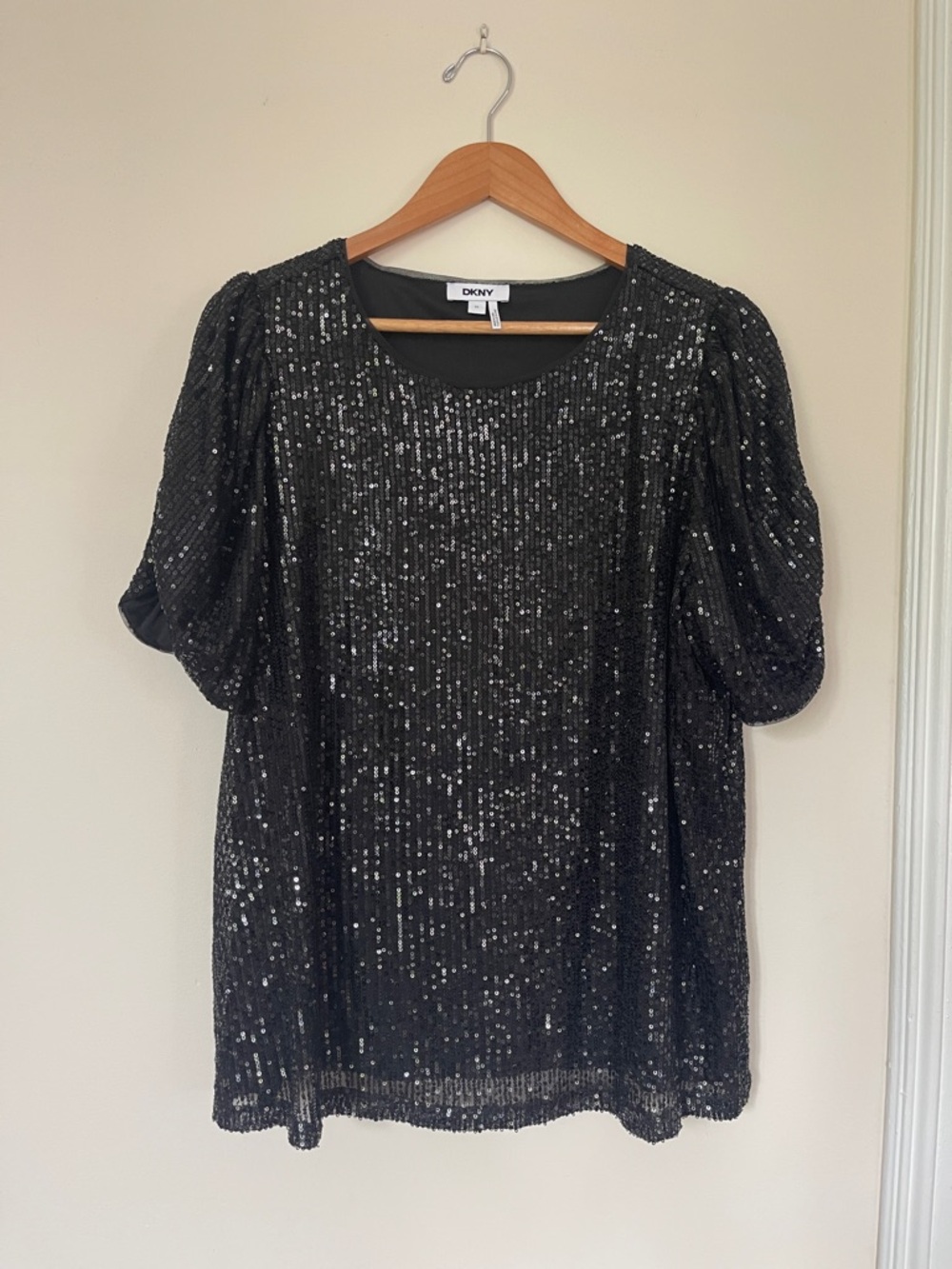 DKNY Black Sequin Puff Sleeve Top